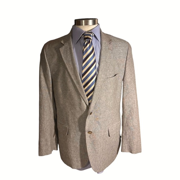 Stafford Mens Natural Brown 2 Button Linen Sports Jacket Size 44R Summer Wedding - Picture 2 of 16